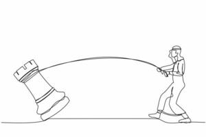 Single one line drawing Arab businessman pulling big rook chess with rope. Business achievement goal, idea, strategy, competitive, strategic concept. Continuous line design graphic vector illustration