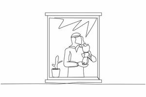 Single continuous line drawing Arab man holding newborn baby near window. Child lies on in dad's arms. Dad helping mom taking care of baby kid. Dynamic one line draw graphic design vector illustration