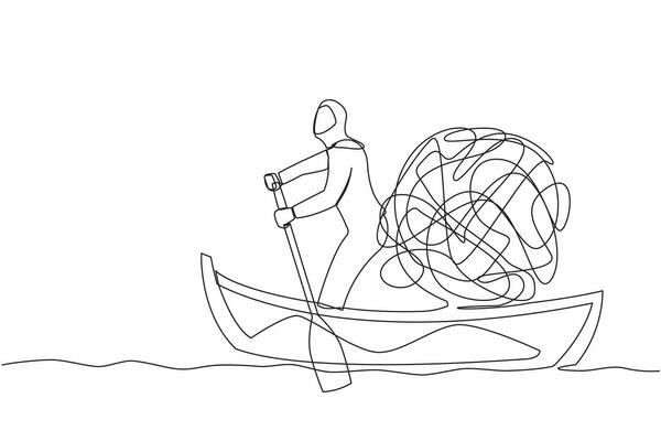 Single one line drawing Arab businesswoman standing in boat and sailing with messy mind ball round structure. Stressful, anxiety, psychological problem. Continuous line design vector illustration
