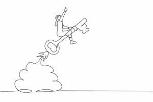 Continuous one line drawing Arab businessman riding key rocket flying in the sky. Discover key success, unlock secret creativity to achieve business goals. Single line draw design vector illustration