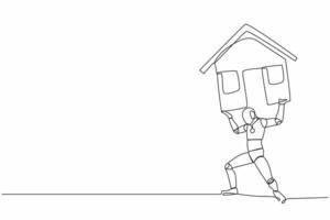 Continuous one line drawing tired robot carrying heavy house on his back. Financial mortgage problem, taxes expenses. Humanoid robot cybernetic organism. Single line graphic design vector illustration