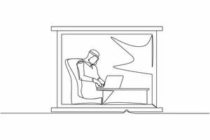 Single continuous line drawing Arab man working from home near window. Businessman sitting at desk and using laptop. Project management. Remote work or home office. One line draw graphic design vector