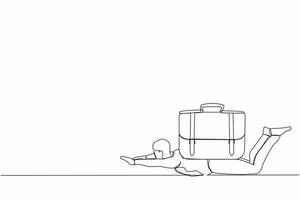 Single continuous line of drawing depressed businessman under heavy briefcase burden. Anxiety from work and overload. Pressure from too much responsibility. One line graphic design vector illustration