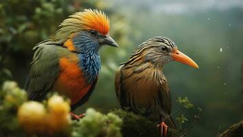 dos aves con un rojo cabeza y amarillo plumas es sentado en un rama. ai generado foto