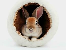 Cute little gray bunny comming out from hole - ai generated photo