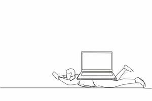 Single continuous line drawing depressed businessman under heavy laptop computer burden. Fatigue from work, tired employee. Boring office worker, burnout at work. One line design vector illustration