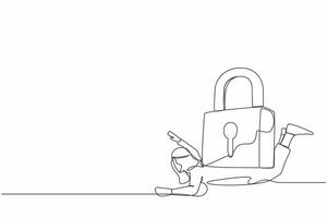 Single one line drawing Arab businessman under heavy lock pad burden. Business closing down or bankruptcy in Covid-19 pandemic lockdown crisis. Continuous line draw design graphic vector illustration