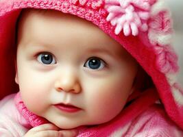 retrato de adorable bebé niña vistiendo rosado vestir v1 foto
