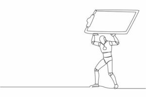 Continuous one line drawing tired robot carrying heavy clipboard on his back. Busy robot with checklist tasks document. Humanoid robot cybernetic organism. Single line draw design vector illustration