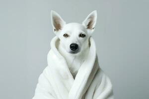 elegante perro blanco bata de baño. generar ai foto