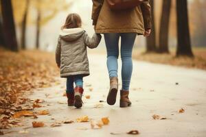 madre secundario hija mientras caminando otoño parque. generar ai foto