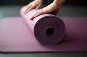 Woman hands rolling yoga mat floor arm. Generate Ai photo