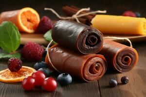 Composition with delicious fruit leather rolls on wooden board. Generate ai photo