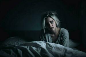 Depressed woman bedroom portrait. Generate Ai photo
