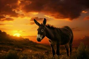 Golden Donkey field sunset. Generate Ai photo