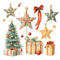 alegre Navidad y contento nuevo año elementos colocar. Navidad árbol, regalos, juguetes en de moda retro dibujos animados estilo. pegatina paquete aislado en transparente antecedentes. png