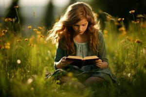 linda niña leyendo libro en verde césped a campo. generar ai foto