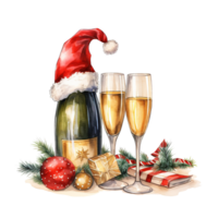 One bottle of Champagne with little Santa Hat on it, two full glasses, New Year's mood, christmas decorations and lights around the bottle and glasses. Illustration isolated on transparent background. png