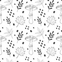 Seamless pattern of poisonous mushrooms. Vector illustration isolated on white background. Fly agaric, toadstool, maple. Different types in the style of line art.