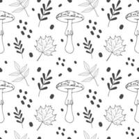 Seamless pattern of poisonous mushrooms. Vector illustration isolated on white background. Fly agaric, toadstool, maple. Different types in the style of line art.