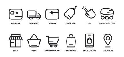 Wide lines web icons set shopping. Online shopping. Vector isolated on white background. Payment, delivery, return, price tag, pick, basket, shopping cart, bag, online, location.