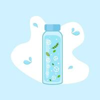 Water Bottle with ice cube and leaves. Refreshing summer drink. Isolated on blue background. Cold drink. vector