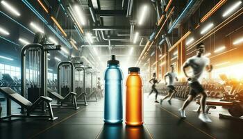 A wide photograph showcasing blank modern sport drink bottles embodying a cool blue and energy orange palette, standing out against the backdrop of a gym. Generative AI photo