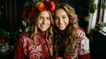 dos joven mujer en festivo ropa, uno en un corona, sonriente a el cámara.. generativo ai foto