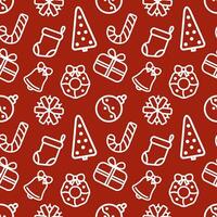 Christmas icons elements. Seamless pattern. Vector illustration on red background.