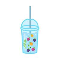 Fruta agua con un paja, bayas y hojas. desechable taza con paja. aislado en blanco antecedentes. vector