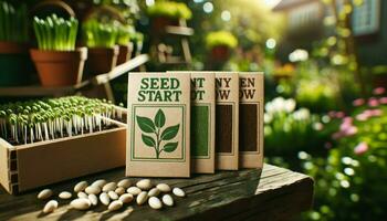 Close-up photo of blank organic seed packets prominently displayed in the foreground, featuring a garden green and soil brown color palette.. Generative AI