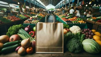 Wide photo of blank organic produce bag prominently displayed in the foreground, showcasing a market green and earth brown color scheme.. Generative AI