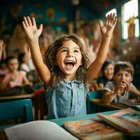 un pequeño niña en clase con su manos elevado en el aire. generativo ai foto