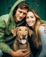 un Pareja abrazando su perro. generativo ai foto