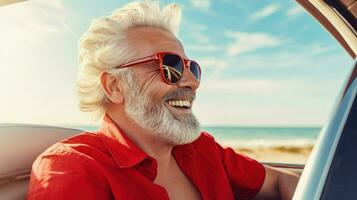 A happy middle-aged man is driving a car on a summer time. Generative AI photo