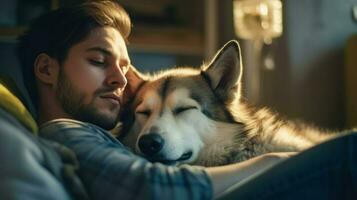 joven hombre acostado abajo abrazando su perro. generativo ai foto