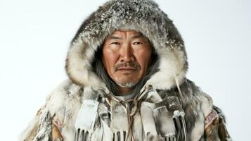 An eskimo wearing traditional clothes. Generative AI photo