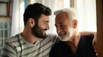 Moments of intimacy between young and old gay couple. Generative AI photo
