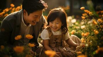 un padre y su hija risa mientras jugando con flores.. generativo ai foto