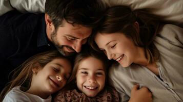 Top shot happy family lying on the bed. Generative AI photo