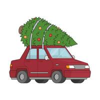 Vector illustraion of a red car with christmas tree. Vehicle transportation isolated.