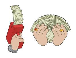 Vector illustration of a cartoon hands with a money gun and a stack of money.