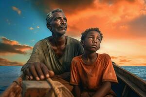 padre y hijo en bote. generar ai foto