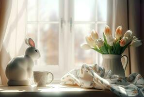 Spring tulips in vase standing on bright window. Generate ai photo