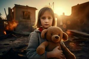 niña quemado destruido casa. generar ai foto