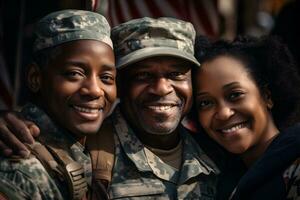 ai generativo. retrato de sonriente soldado y su amigos en pie en frente de Estados Unidos bandera foto