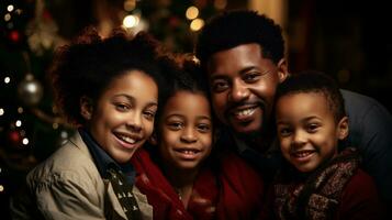 AI generative. family, christmas, x-mas, winter, happiness and people concept - smiling family over living room background photo