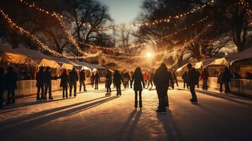 AI generative. People ice skating on the ice rink in the park at sunset. photo