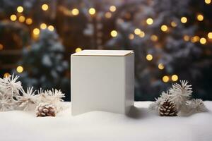 AI generative. Blank gift box on snow against blurred Christmas lights, space for text photo