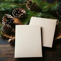 AI generative. Blank greeting cards on wooden table with christmas tree and lights photo